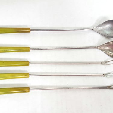Green Bakelite Long Condiment Fork and Spoon Set of 5 1930's 