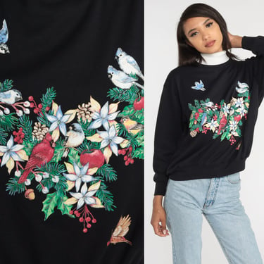 90s Bird Sweatshirt Black Turtleneck Sweatshirt Retro Grandma Sweater Floral Wreath Print Pullover Cute Kawaii Holiday 1990s Vintage Medium 