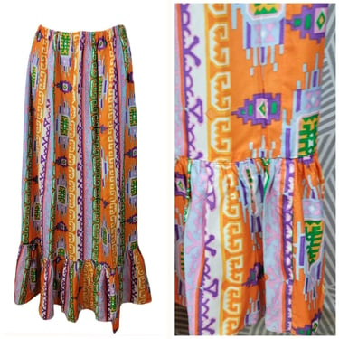 Vintage 60s/70s Neon Floral Geometric Psychedelic Maxi Skirt Small Medium Large 