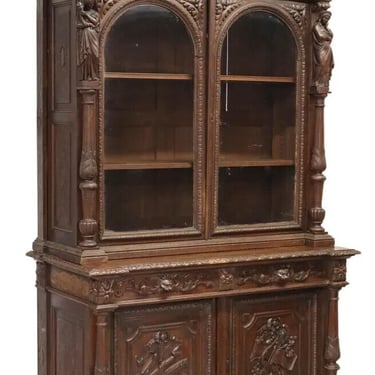 Antique Bookcase, French, Figural, Carved Oak, Library, Glazed Doors, 1800's!!
