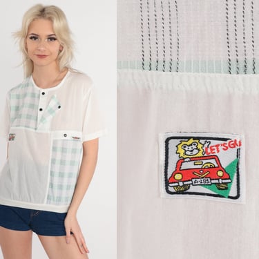 80s Shirt Semi-Sheer White Henley T-Shirt Plaid Lion Car Patch Short Sleeve Button Up Banded Hem Top Sporty Slouchy Vintage 1980s Small S 