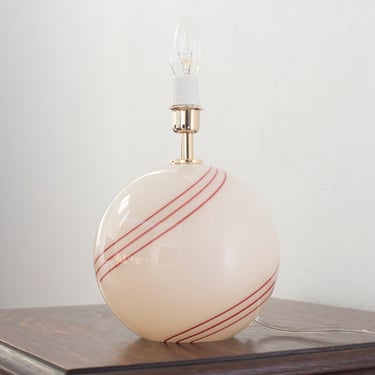 Vintage Ivory color Murano glass table lamp with red and white filigree decoration, handmade Made in Italy 