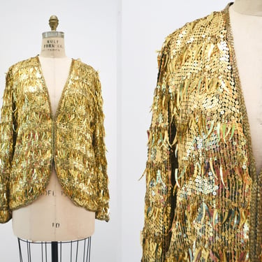 90s Gold Vintage Sequin Beaded Jacket Gold Fringe Metallic Jacket size Medium large// Vintage Formal Metallic Gold Fringe Sequin Jacket Top 