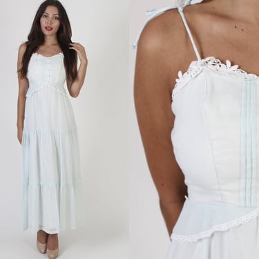 Baby Blue Peplum Summer Wedding Dress / Vintage 70s Shoulder Tie Spaghetti Straps / Plain Bohemian Prairie Maxi Gown 