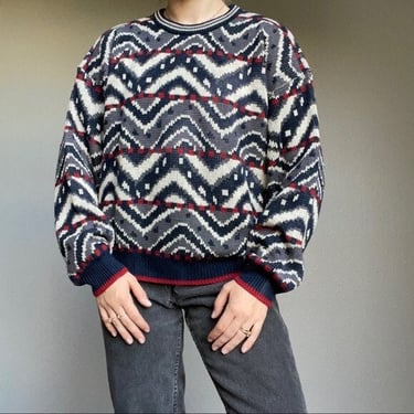 Vintage 90s Trend Basics Geometric Striped Oversized Crewneck Colorful Sweater L 