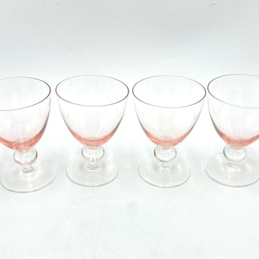 Vintage Pink Cordial Glasses with Clear Stems, Set of 4 Bubble Stemmed Sherry Glass, Mid Century Barware 