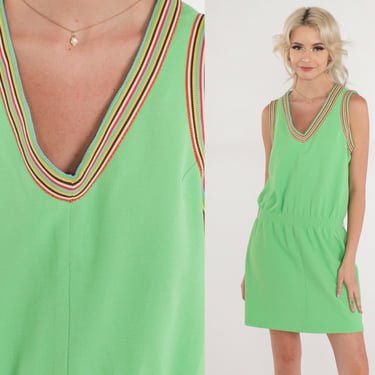 Lime Green Dress 70s Mini Ringer Dress Sleeveless V-Neck Retro Casual Sporty Day Summer Sundress Tank Dress Striped Vintage 1970s Small S 