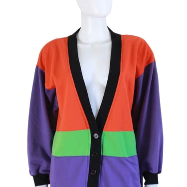1990s Color Block Oversized Sweatshirt - 90s Oversized Cardigan Sweatshirt - 90s Orange Sweatshirt - 90s Purple Sweatshirt | Size Large / XL 