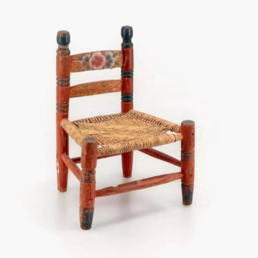 Antique Wood & Rattan Small Chair/Stool 17.5” Handmade Rustic Primitive Country French Cottage Decor 