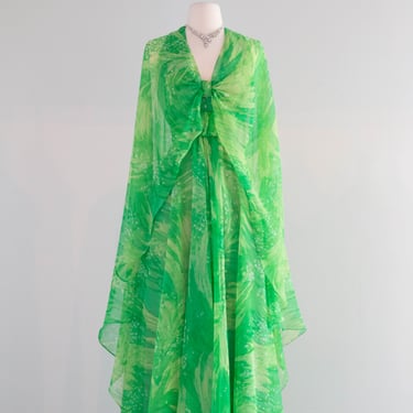 Fabulous Late 1960's Green Goddess Chiffon Gown WIth Cape / Small