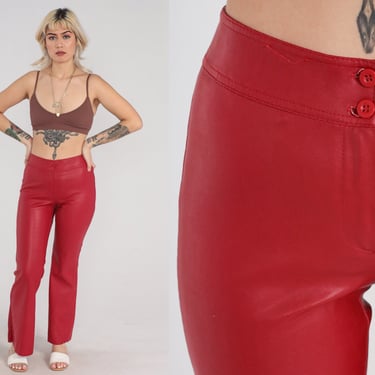 Red Vinyl Pants 90s Bell Bottom Pants Flared Trousers Mid Rise Boho Party Going Out Festival Flare Hippie Faux Leather Vintage 1990s Small S 