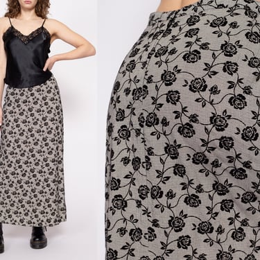 90s Black & White Floral Grunge Maxi Skirt - Medium | Vintage Gothic Rose Flower High Waisted Slip Skirt 