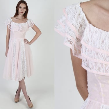 Pink Polka Swiss Dot Dress / Vintage 70s Romantic Country Saloon Dress / Full Skirt Plantation Style / Colonial Western Gown Midi Mini Dress 