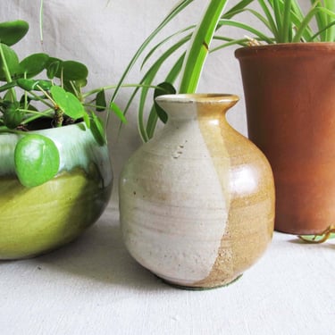 Vintage 60s Bud Vase - Small Ceramic Bud Vase - Studio Pottery Vase - Hand Thrown Vase - Beach House Boho Decor - Brown White Earthy Vase 