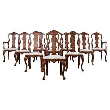 Set of Ten Dutch Baroque Style Walnut Mahogany Dining Chairs