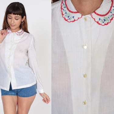 Sheer White Blouse 80s Floral Embroidered Peter Pan Collar Shirt Button Up Bohemian Long Sleeve Top 1980s Shirt Boho Vintage Small S 