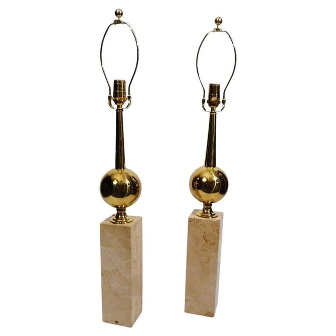 Art Deco Style Pair of Travertine & Brass Barbier Style Lamps Hollywood Regency 