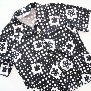 Vintage 90s 2000s Black Floral Polka Dot Camp Shirt S M  - 1990s Y2K Collared Short Sleeve Abstract Print Top 