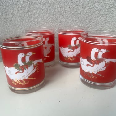 Vintage Culver rock Glasses Set 4 Christmas Holly Goose Red White. 