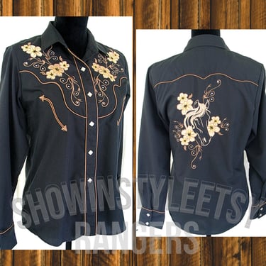 Vintage Retro Women's Cowgirl Western Shirt by Ranger's, Western Blouse, Embroidered Flowers & Horse Head, Approx. Medium (see meas. photo) 