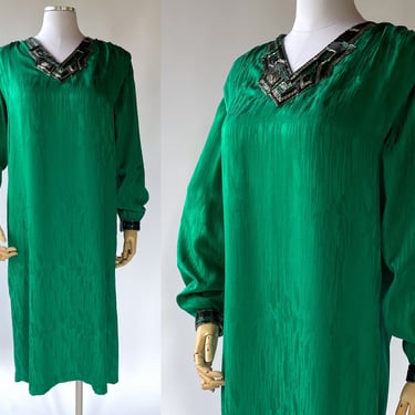 1980s S/M Green Silk Dress by 'Cassis' Christmas / X-Mas Beaded Dress 100% Silk Formal / Cocktail / Party Dress 
