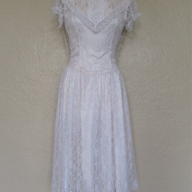 Vintage 1980s Gunne Sax by Jessica McClintock Drop Waist Dress, Pale Pink White Lace, XS / Small 
