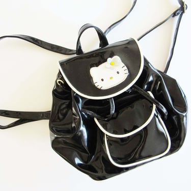 Vintage 1998 Hello Kitty Black Vinyl Mini Backpack - 90s Sanrio Hello Kitty Small Backpack Purse - Gothic Lolita Kawaii E Girl Style 