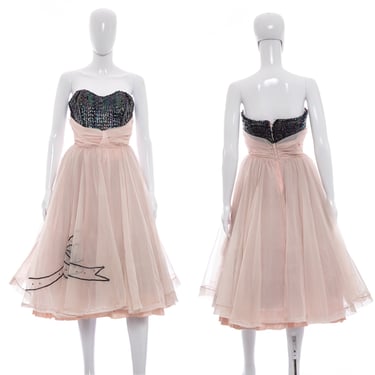 1950's Sylvia Ann Pink Chiffon and Sequins Party Dress Size S