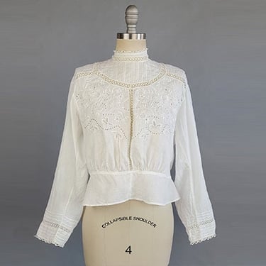 Edwardian White Blouse / Gibson Girl Blouse / Embroidered White Cotton Blouse with Lace & Pintucking / Size Large 