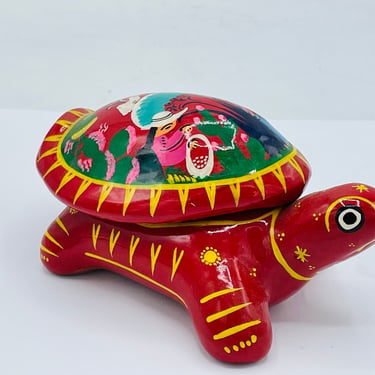 Vintage hand painted red turtle trinket box with bright colored Scene from Mexico 
