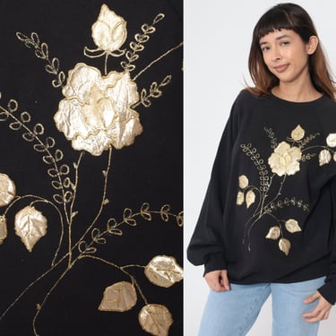 Gold Floral Sweatshirt 90s Black Metallic Sparkly Flower Print Glitter Sweater Retro Graphic Raglan Sleeve Vintage 1990s Extra Large xl 