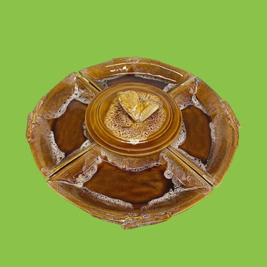 Vintage Chip and Dip Lazy Susan Retro 1960s Mid Century Modern + Wade of California + 504 + USA Pottery + Brown Beige + Drip Glaze + Kitchen 