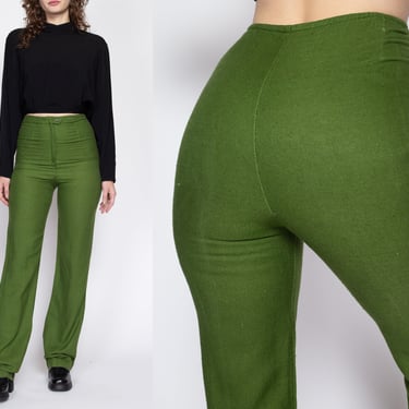 XS 60s Green High Waisted Woven Pants 25.5" | Vintage Paquette Straight Leg Long Inseam Trousers 