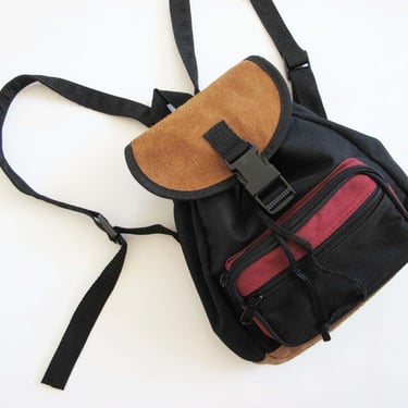 90s Mini Nylon Backpack - Vintage Small Black Backpack Purse - Brown Suede Top Backpack - 90s Bag - Rucksack 