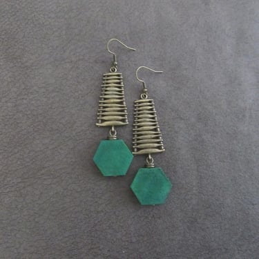 Mid century modern earrings, long green wood and bronze Afrocentric dangle earrings, chic earrings, African earrings, bold statement earring 