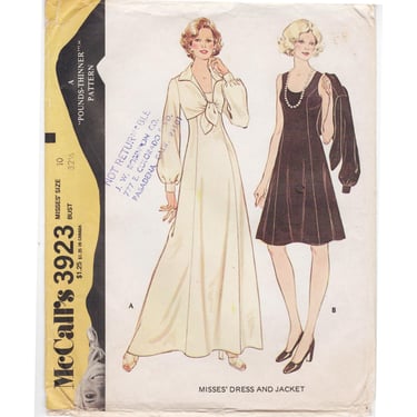Vintage 1973 McCall's Sewing Pattern 3923, Misses' Dress in 2 Lengths, Bolero Jacket w/Tie Front, Size 10 Bust 32 1/2, VFG 