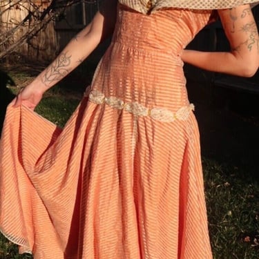 Vintage 1940s Orange Shimmer Stripe Ball Gown Evening Gown Off Shoulder Long Medium Large by TimeBa