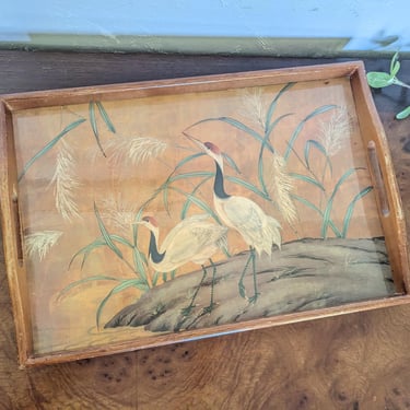 Vintage Two Cranes MCM Wood Tray 