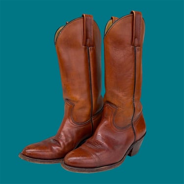 Vintage Frye Boots Retro 1990s Size 8 1/2 + Mens + Cognac Brown + Style 2356 + Billy + Western + Cowboy + Pull On + Leather + Heeled 