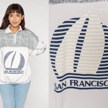 San Francisco Sweatshirt 90s Quarter Zip Shirt Sailboat Graphic California Pullover Sweater Nautical Tourist Vintage 1990s Mens Extra Large 