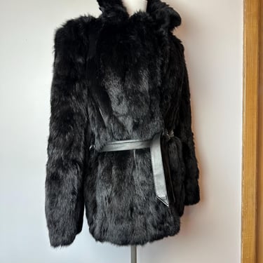 70’s black Rabbit fur coat~ Women’s belted coat~ disco era 1970’s glam rock n roll Rocker chic cinched waist/ open Size Medium 