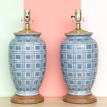 Pair of Blue and White Plaid Lamps