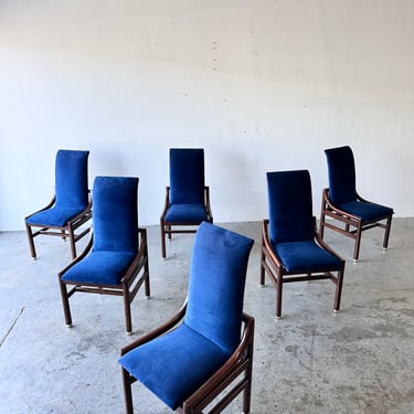 Set of 6 MCM Henredon Scene One Royal Blue velvet Campaign Parsons Dining Chairs 