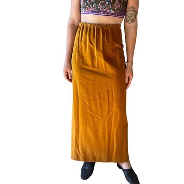 Vintage 1970s Womens Mustard Yellow Gold Velvet High Rise Maxi Skirt Sz XL 