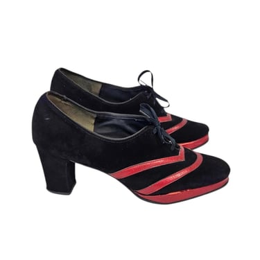 1970s Black Red Suede Striped Lace -Up Pumps Shoes I Sz 6 I 70s does 40s 