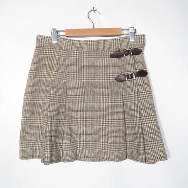 Vintage 90s Brown Plaid Pleated School Girl Mini Skirt Made In USA Size 30 Waist 