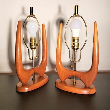 Mid Century Pair of Sculptural Teak Table Lamps 