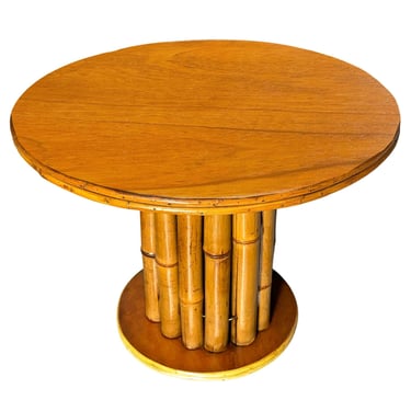 Restored Rattan & Mahogany Round Pedestal Side Table 