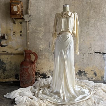 Vintage 1930s White Silk Satin Dress & Jacket Wedding Bridal Harlow  Bias Cut