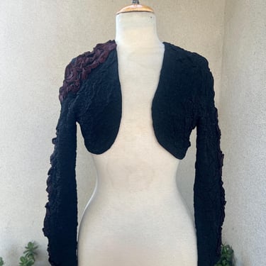 Vintage black purple bolero shrug ruched fabric Sz XS by For David Howard Climax Karen Okada. 